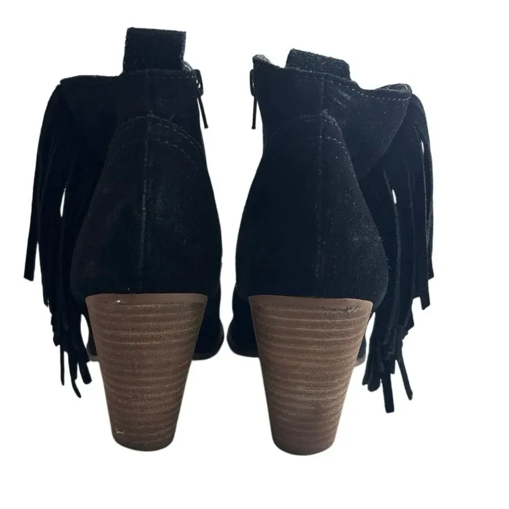 Steve Madden Cian Black Suede Fringe Ankle Boots 8M Western Boho Stacked Heel